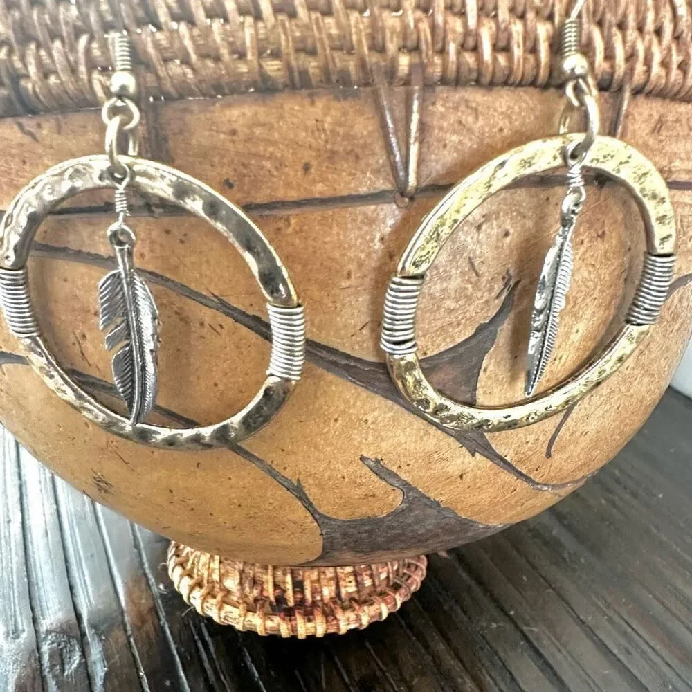 Silver/Gold tone feather circle earrings